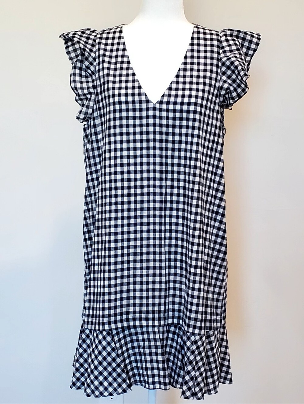 Madewell Cotton Navy White Gingham VNeck Flutter Sleeve Ruffle Hem Dress, SZ 12